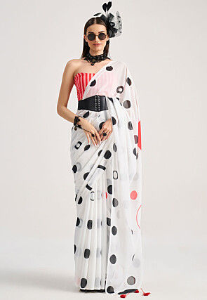 Digital Printed Georgette Saree in Off White
