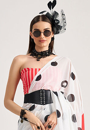 Digital Printed Georgette Saree in Off White