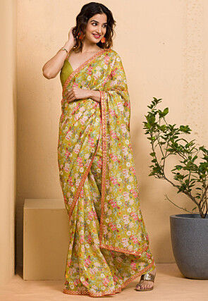 Digital Printed Georgette Saree in Olive Green