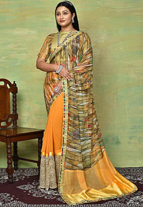 Digital Printed Georgette Saree in Orange and Multicolor