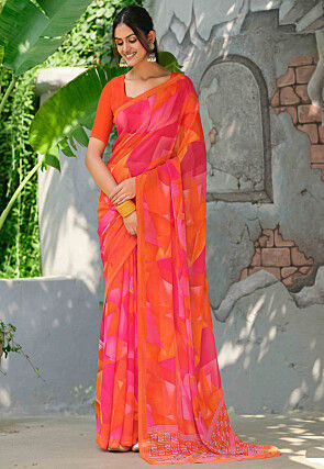 Digital Printed Georgette Saree in Orange and Pink