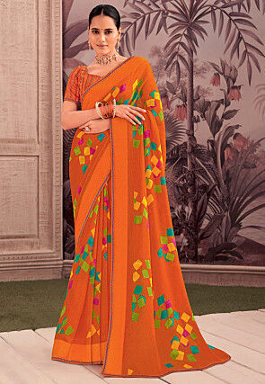 Digital Printed Georgette Saree in Orange