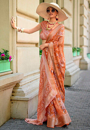 Digital Printed Georgette Saree in Orange