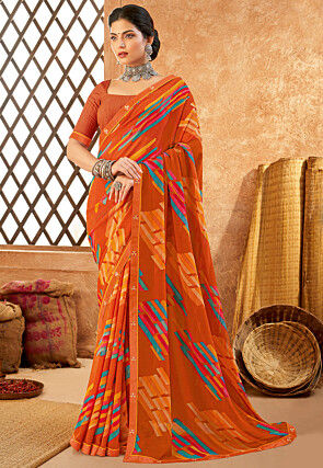 Digital Printed Georgette Saree in Orange