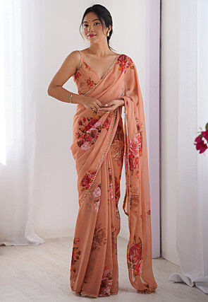 Digital Printed Georgette Saree in Peach