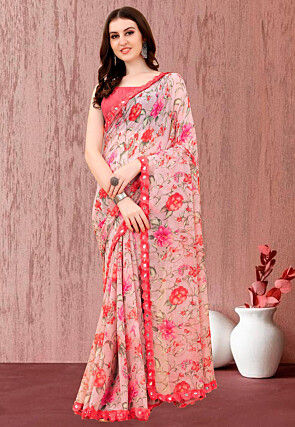 Digital Printed Georgette Saree in Peach