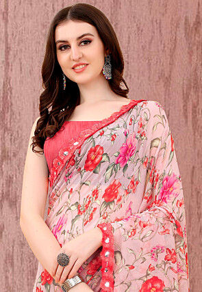 Digital Printed Georgette Saree in Peach
