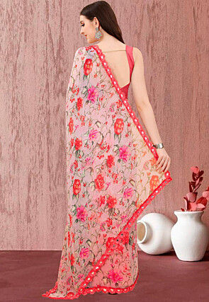 Digital Printed Georgette Saree in Peach