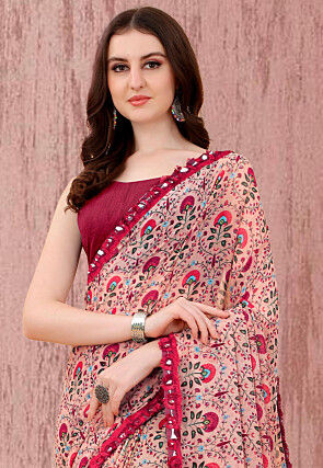 Digital Printed Georgette Saree in Peach
