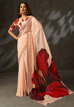 Digital Printed Georgette Saree in Peach
