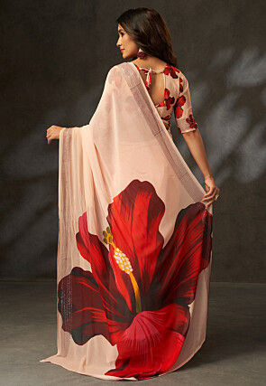 Digital Printed Georgette Saree in Peach
