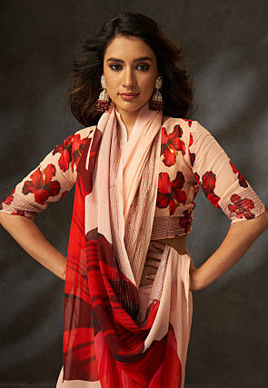 Digital Printed Georgette Saree in Peach