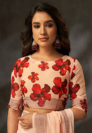 Digital Printed Georgette Saree in Peach