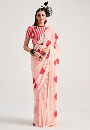 Digital Printed Georgette Saree in Peach