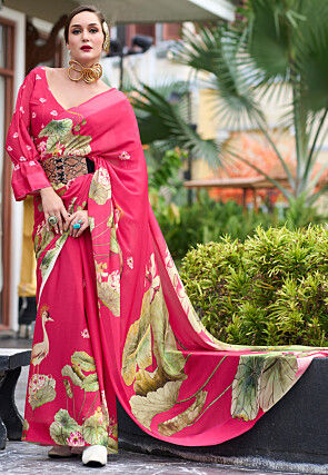 Digital Printed Georgette Saree in Pink