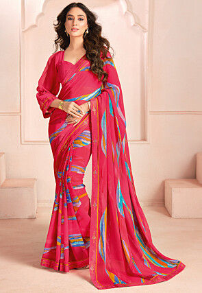 Digital Printed Georgette Saree in Pink