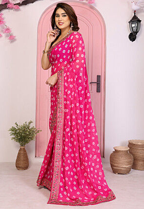 Tie Dye Printed Georgette Saree in Pink