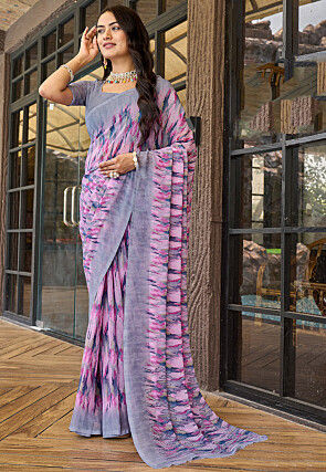 Digital Printed Georgette Saree in Pink