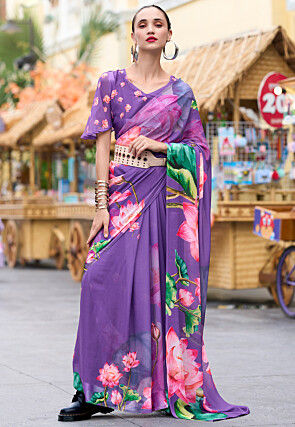 Digital Printed Georgette Saree in Purple
