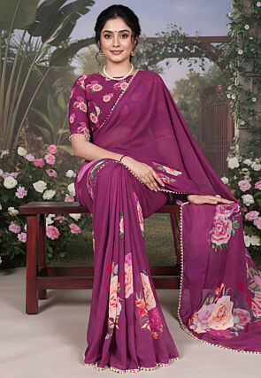 Digital Printed Georgette Saree in Purple