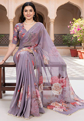 Digital Printed Georgette Saree in Purple
