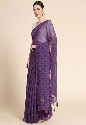 Digital Printed Georgette Saree in Purple