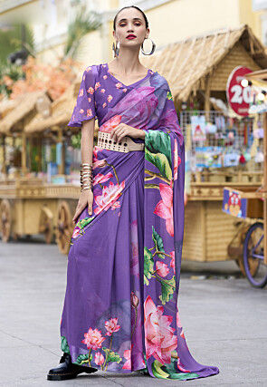 Digital Printed Georgette Saree in Purple