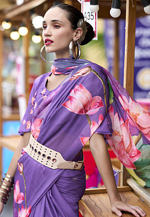 Digital Printed Georgette Saree in Purple