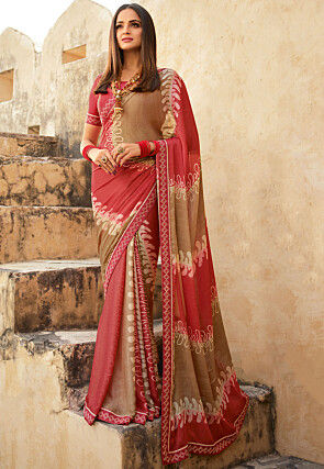 Digital Printed Georgette Saree in Red and Fawn