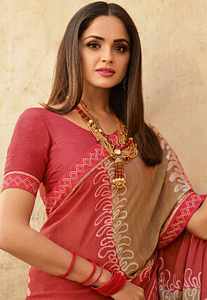 Digital Printed Georgette Saree in Red and Fawn