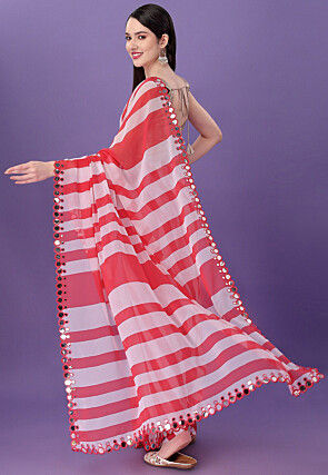 Digital Printed Georgette Saree in Red and White