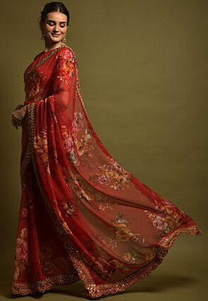 Digital Printed Georgette Saree in Red