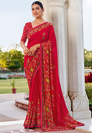 Digital Printed Georgette Saree in Red
