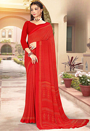 Digital Printed Georgette Saree in Red