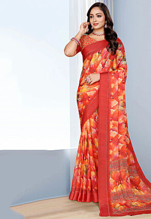 Digital Printed Georgette Saree in Red