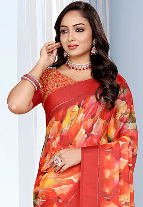 Digital Printed Georgette Saree in Red