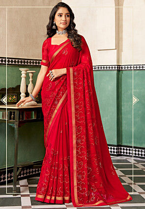 Buy Maroon Red Printed Floral Motifs Satin Saree by Colorauction - Online  shopping for Sarees in India