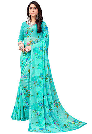 Digital Printed Georgette Saree in Sea Green