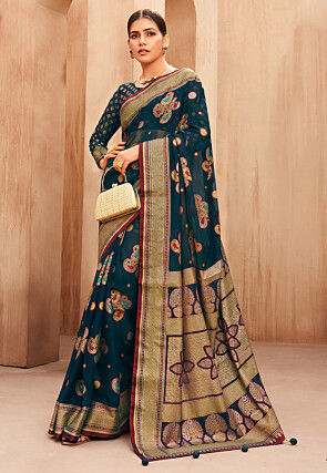 Digital Printed Georgette Saree in Teal Blue