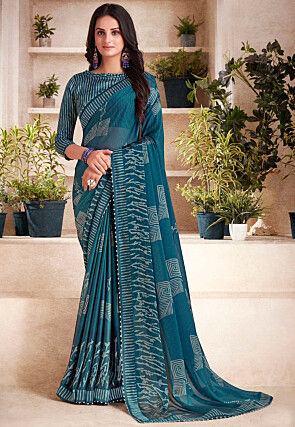 Digital Printed Georgette Saree in Teal Blue