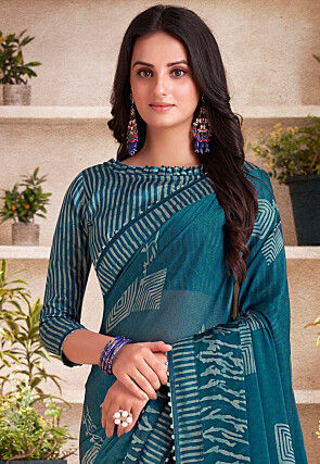 Digital Printed Georgette Saree in Teal Blue
