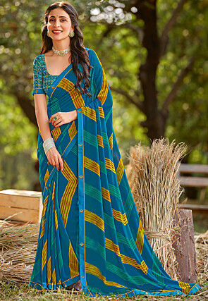 Teal Blue Digital Print Silk Georgette Designer Saree main image 1