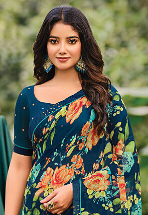 Georgette x Checkered Saree - Teal Blue