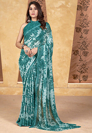 Digital Printed Georgette Saree in Teal Green