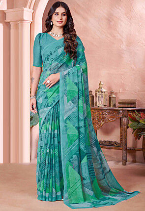 Digital Printed Georgette Saree in Teal Green