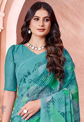 Digital Printed Georgette Saree in Teal Green