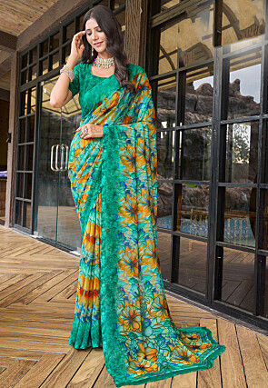 Digital Printed Georgette Saree in Teal Green