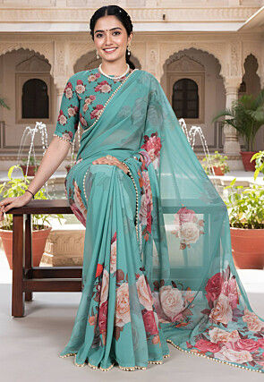 Digital Printed Georgette Saree in Turquoise