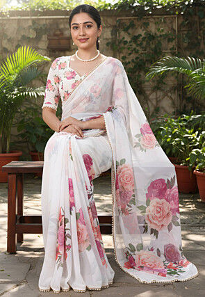 Digital Printed Georgette Saree in White