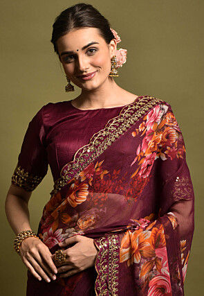 Digital Printed Chiffon Saree in Wine